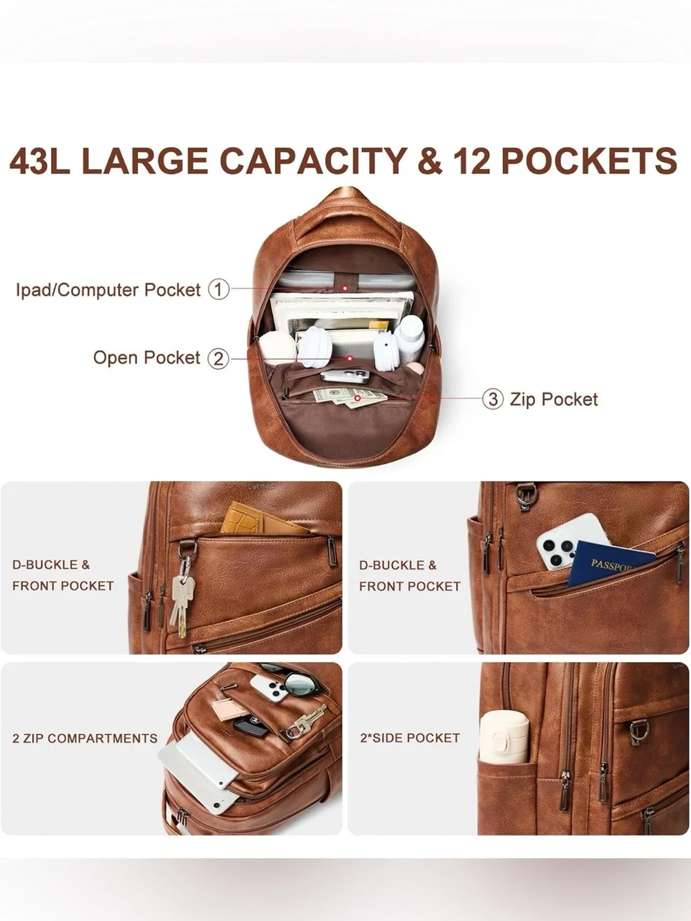 LATMAP Vegan Leather Laptop Backpack 16.5” Travel Carry On College Work Brown